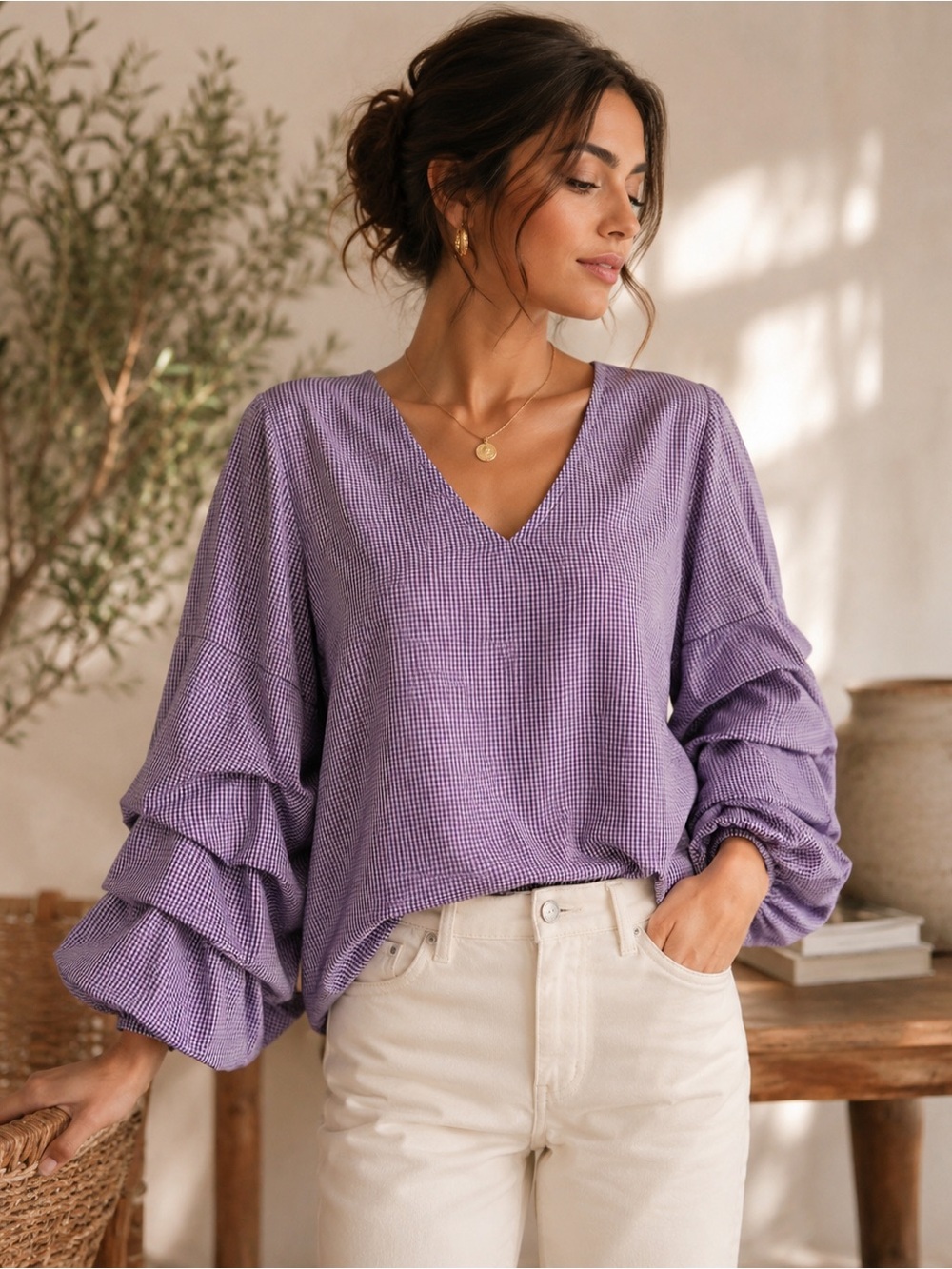 Sunday in Brooklyn Purple Gingham Ruffled Sleeve V-Neck Blouse